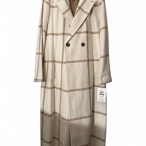DKNY Cream and Tan Plaid Trench Coat 51” 2 outside pockets 1 inside spit in back